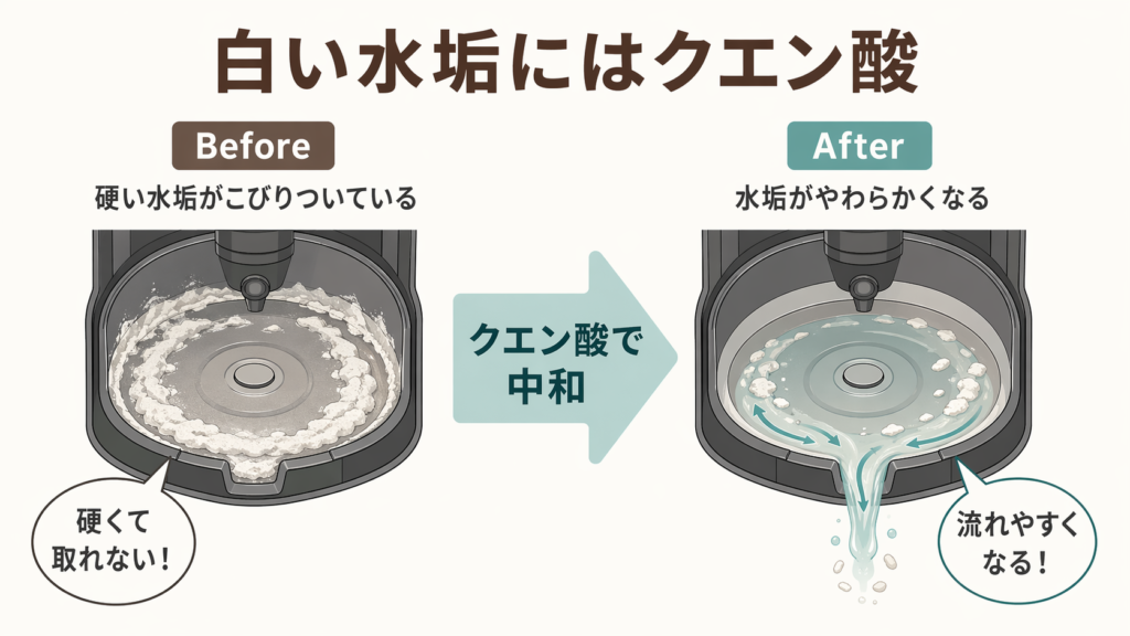 白い水垢がクエン酸でやわらかくなり落ちやすくなる before after 図