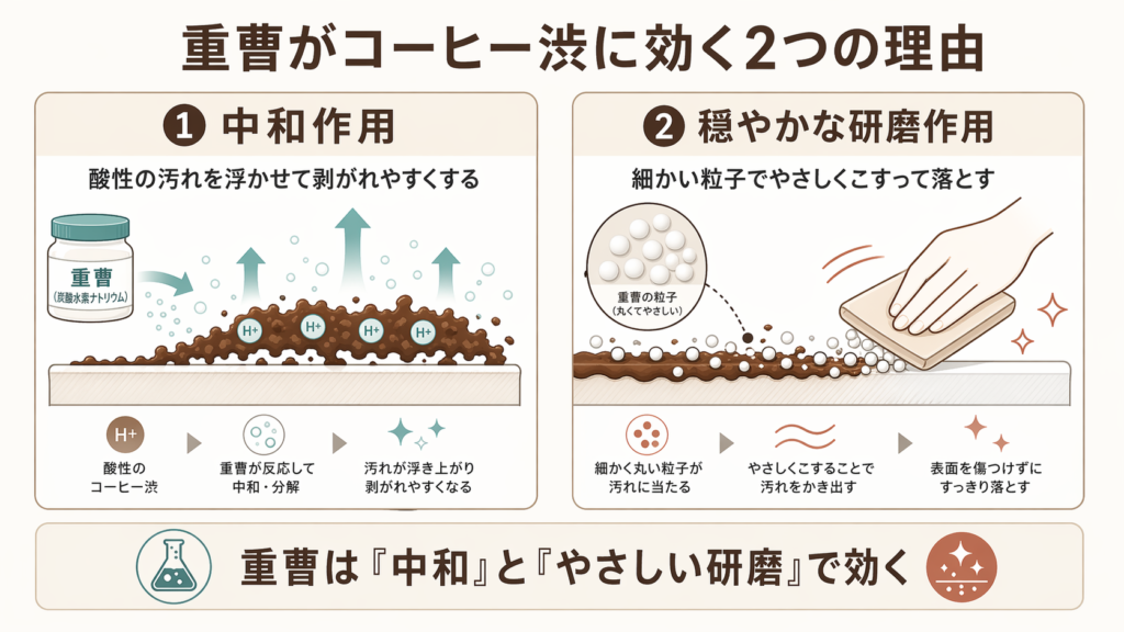 重曹がコーヒー渋を中和作用と穏やかな研磨作用の2つで落とすことを示した図