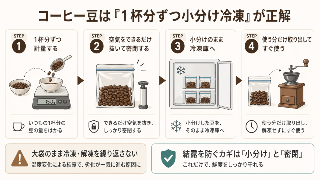 コーヒー豆を1杯分ずつ計量し、小分け密閉して冷凍保存する正しい手順を示した図