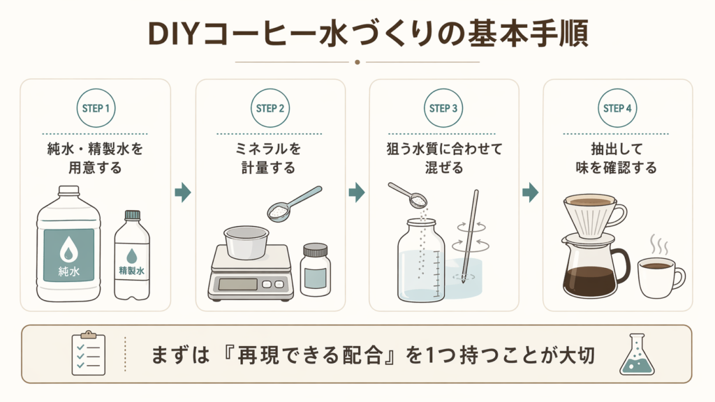 純水を用意し、ミネラルを計量して混ぜ、抽出で確認するDIYコーヒー水づくりの基本手順図