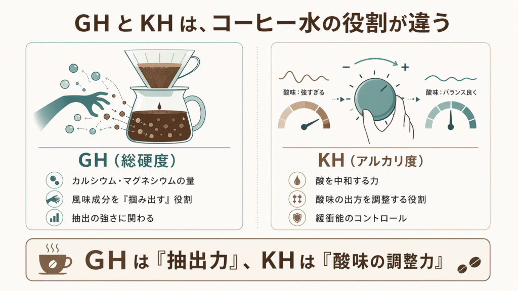 GHは抽出力、KHは酸味の調整力として役割が異なることを示した図