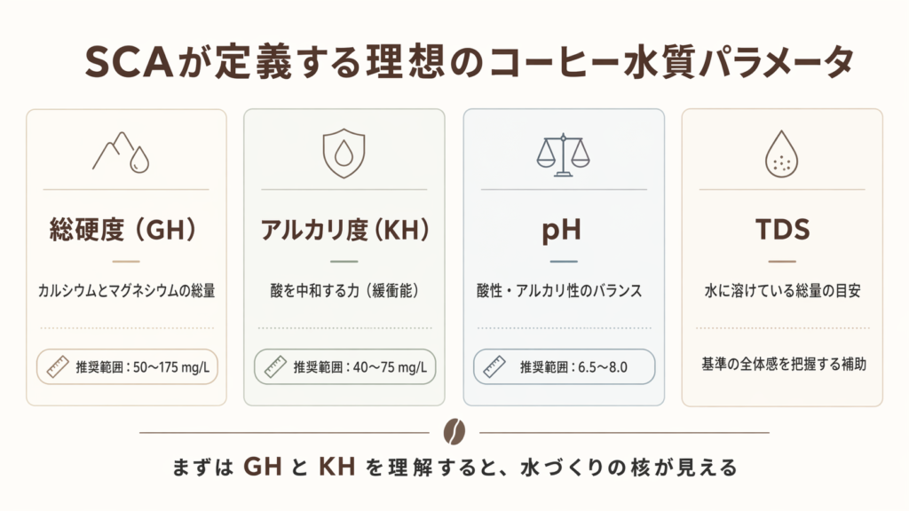 SCAが理想とするコーヒー用水の主要パラメータであるGH、KH、pH、TDSを整理した図