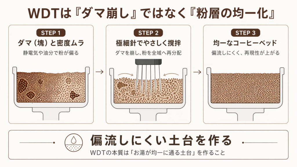 WDTがダマと密度ムラを崩し、粉層を均一に再分配する仕組みを示した図