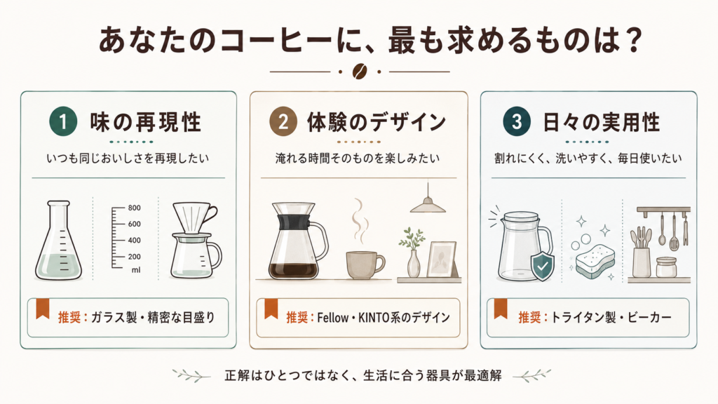コーヒーサーバー選びを味の再現性、体験のデザイン、日々の実用性の3タイプに分けた診断図