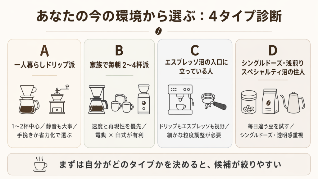 一人暮らし、家族利用、エスプレッソ併用、浅煎りシングルドーズの4タイプでミル選びを整理した図