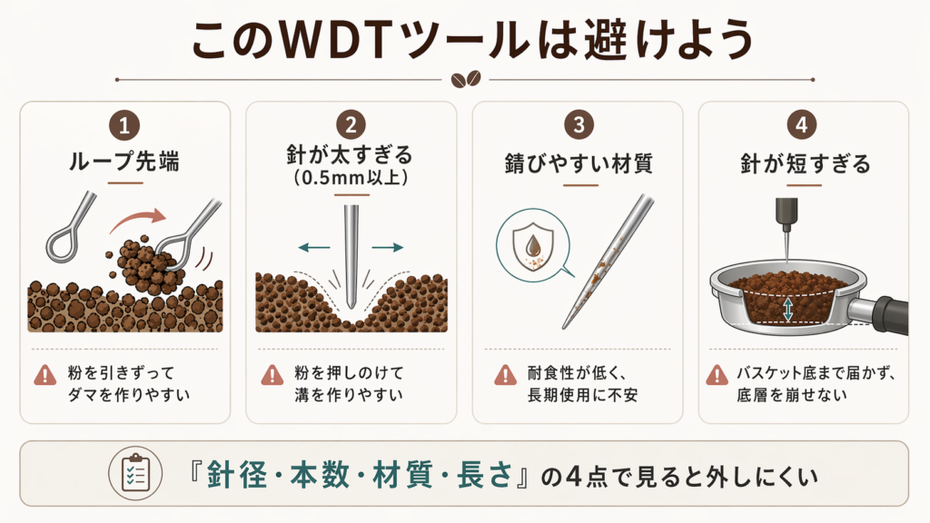 ループ先端や太すぎる針など、避けたほうがよいWDTツールの条件を整理した図
