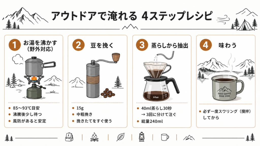 アウトドアコーヒーの現地抽出を沸かす・挽く・蒸らし抽出・味わうの4ステップで示した図