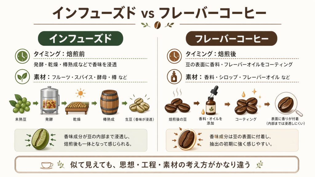 焙煎前工程で香味を移すインフューズドと、焙煎後に香料を付けるフレーバーコーヒーの違いを示した図