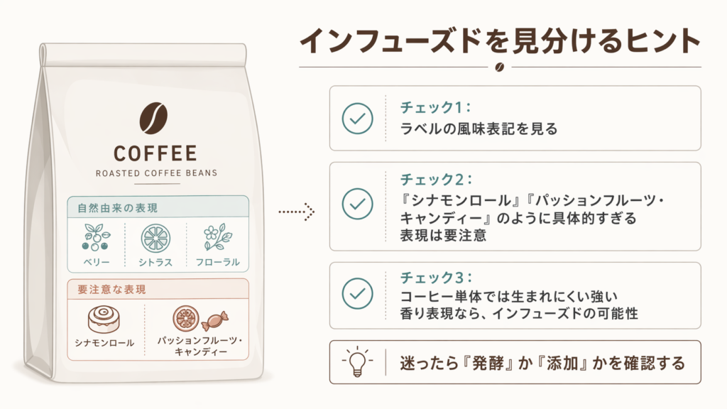 ラベルの風味表記からインフューズドの可能性を見分けるチェックポイント図
