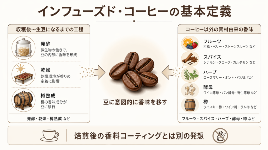 収穫後の工程で外部素材由来の香味を意図的に豆へ移すインフューズドコーヒーの定義を示した図