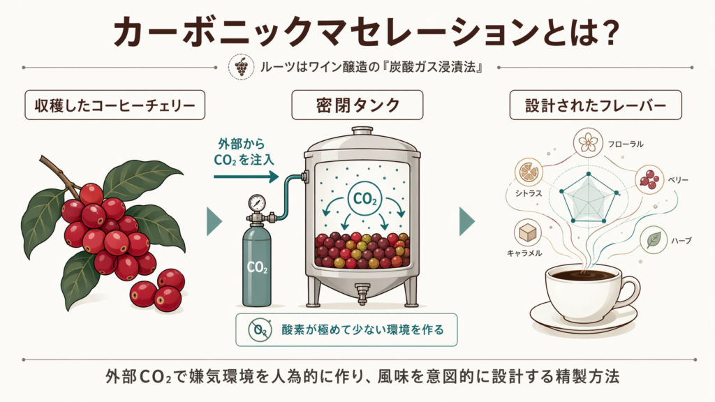 外部から CO₂ を注入した密閉タンクでチェリーを発酵させ、風味を設計するカーボニックマセレーションの定義図