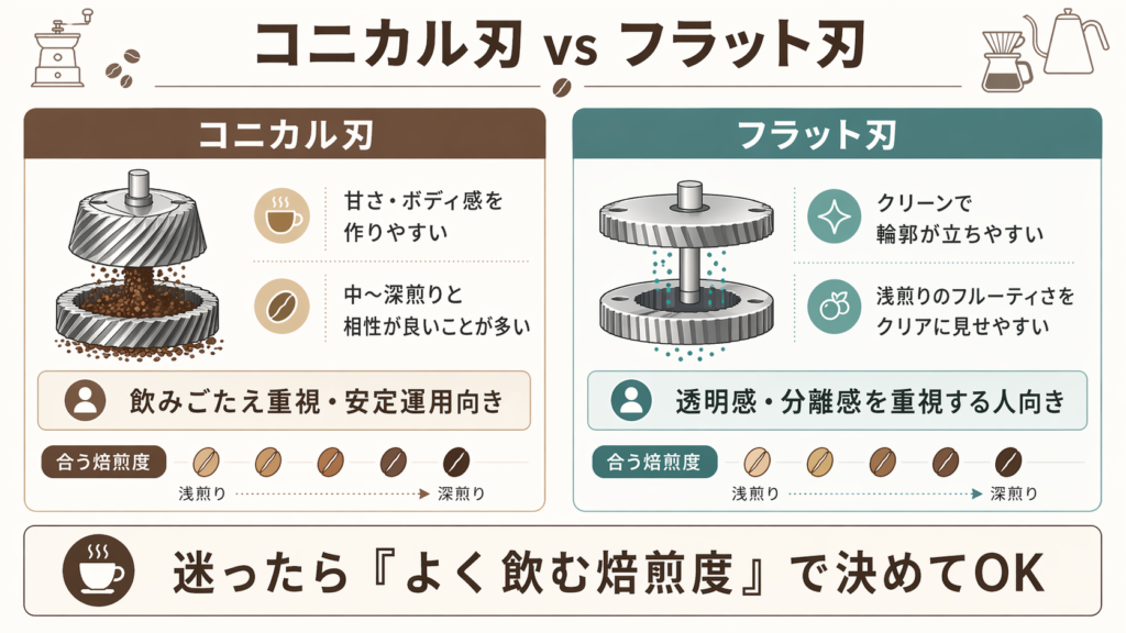 コニカル刃は甘さとボディ、フラット刃はクリーンさと輪郭を出しやすい傾向を比較した図