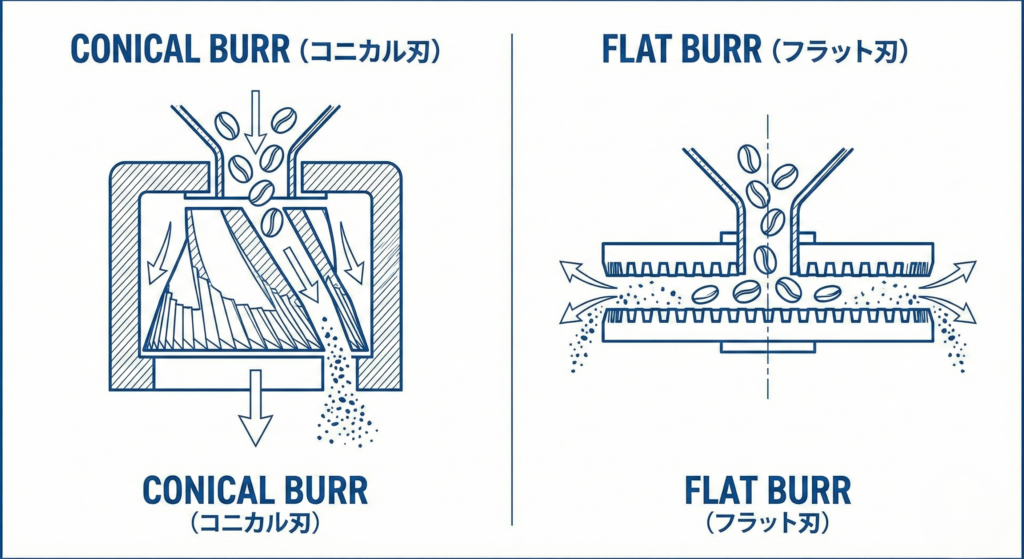 コニカル刃とフラット刃の粒度傾向と味の出方を比較した図
