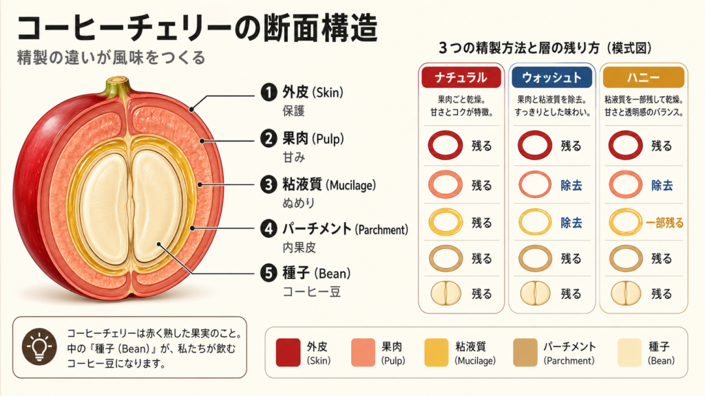 コーヒーチェリーの外皮・果肉・粘液質・パーチメント・種子の断面構造図