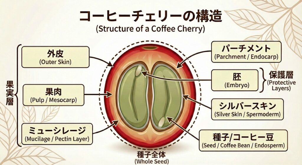 コーヒーチェリーの構造、断面、図解