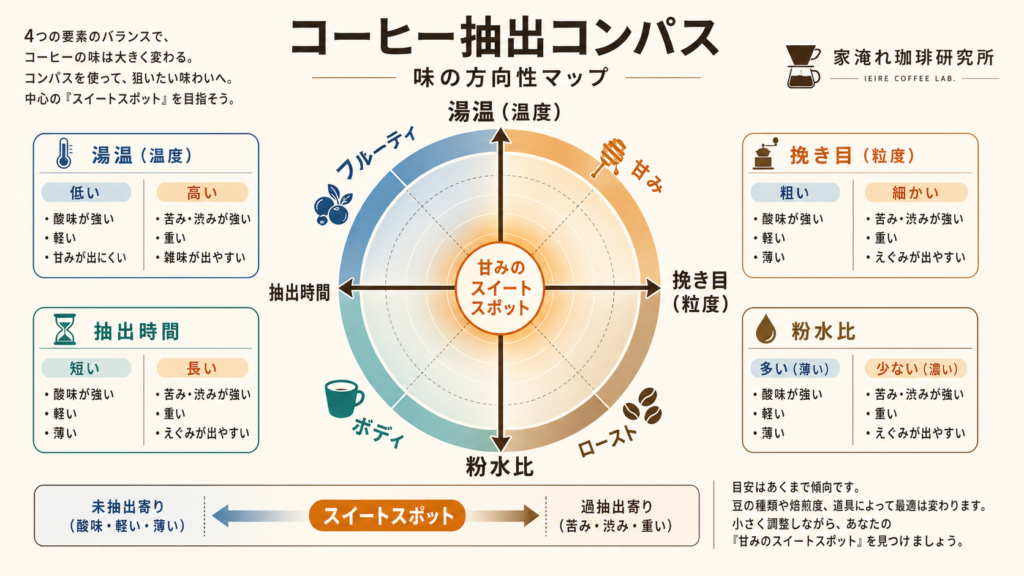 コーヒーの抽出変数（湯温・挽き目・粉水比・時間）と味の方向性を示した抽出コンパス図