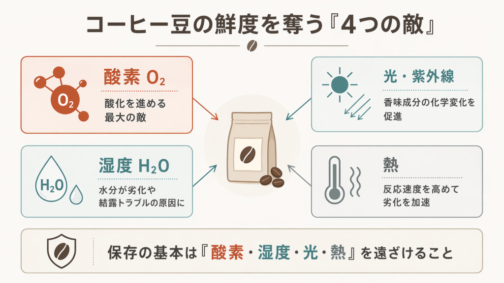 酸素、湿度、光、熱の4つがコーヒー豆の鮮度を奪うことを示した図