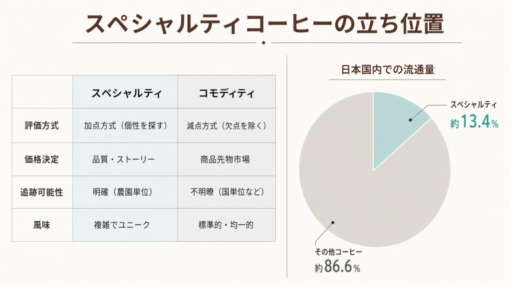スペシャルティとコモディティの違いを比較し、日本国内でのスペシャルティ流通比率も示した図