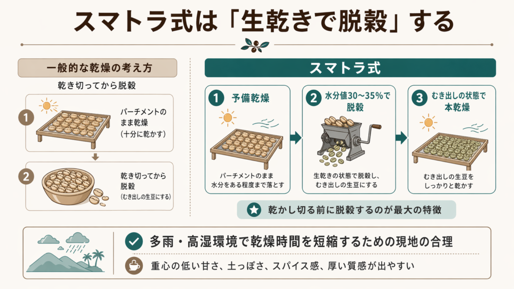 スマトラ式が生乾きの状態で脱穀し、その後に本乾燥する独特の工程であることを示した図