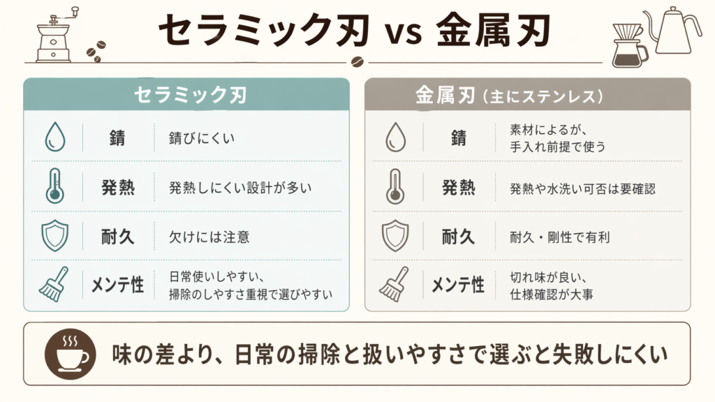 セラミック刃と金属刃の違いを、錆びにくさ、発熱、耐久、メンテ性で比較した図