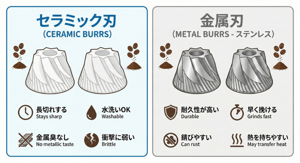 セラミック刃と金属刃の特徴（発熱、錆、耐久、メンテ性）を比較した図