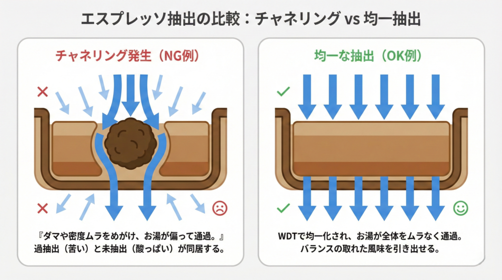 チャネリング発生 (NG例)と均一な抽出 (OK例)の比較図
左：『ダマや密度ムラをめがけ、お湯が偏って通過。』『過抽出（苦い）と未抽出（酸っぱい）が同居する。』
右：『WDTで均一化され、お湯が全体をムラなく通過。』『バランスの取れた風味を引き出せる。』