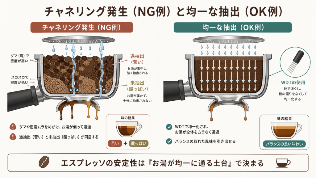 ダマや密度ムラで湯が偏るチャネリングと、WDTで均一化された抽出の違いを示した図