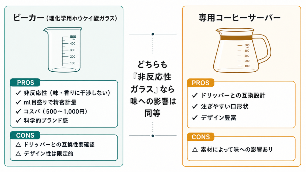 コーヒー用ビーカーと専用サーバーの特性（非反応性・互換性・価格）を比較した図