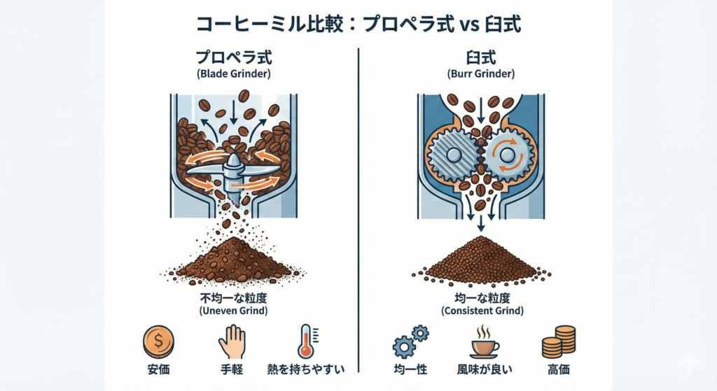 プロペラ式（ブレード）と臼式（バリ）の構造と粒度分布の違いを示した比較図