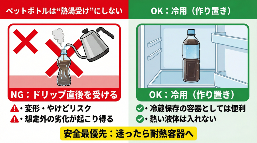 ペットボトル：熱湯NG／冷用OK
・変形・やけどリスク」
・想定外の劣化が起こり得る
・冷蔵保存の容器としては便利
・熱い液体は入れない