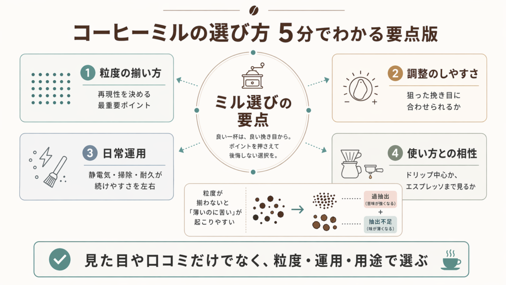 粒度の揃い方、調整のしやすさ、日常運用、用途との相性でミル選びの要点を整理した図