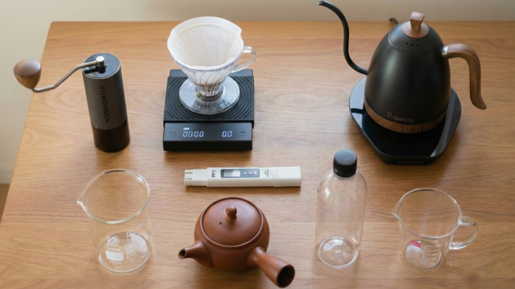 使用機材紹介
ビーカー
急須
ペットボトル
100均 耐熱計量カップ
抽出器具 HARIO V60
TDSメーター
スケール TIMEMORE BLACK MIRROR Basic 2.0