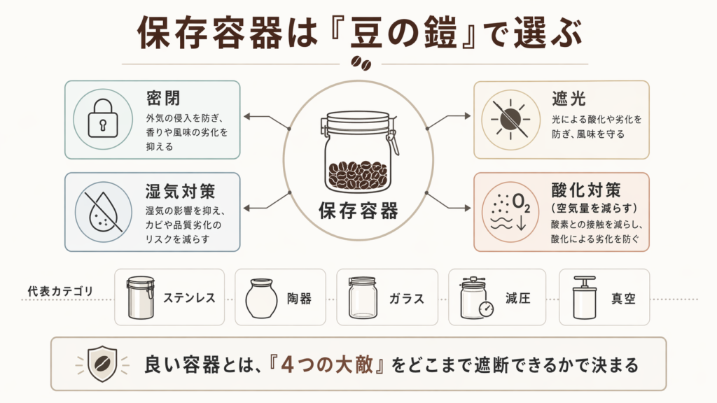 保存容器は密閉、遮光、湿気対策、酸化対策の4軸で選ぶという考え方を示した図