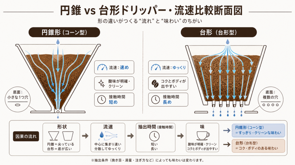 円錐形ドリッパーは流速が速くクリーン、台形は流速が遅くコクが出やすいことを比較した図