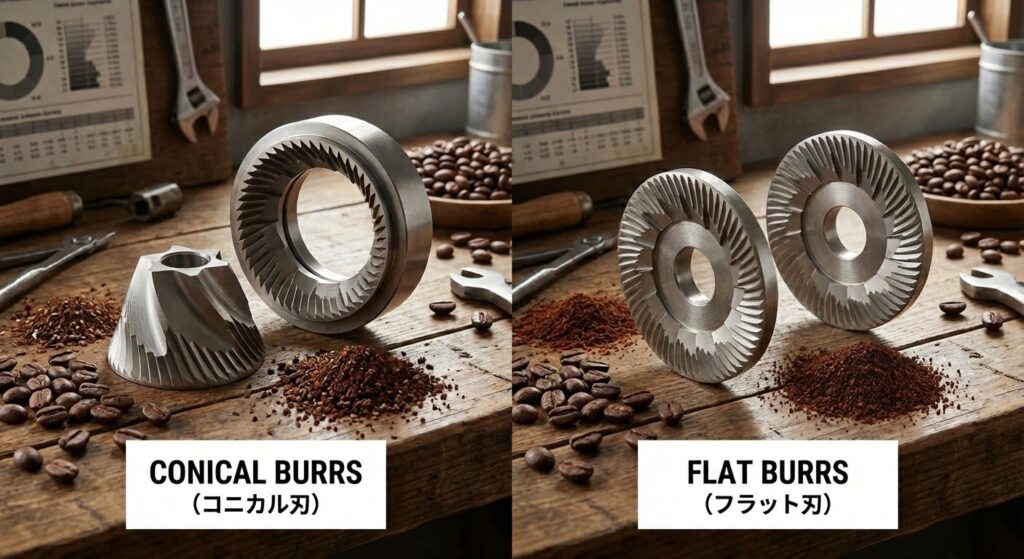 コニカル刃とフラット刃の比較イメージ図