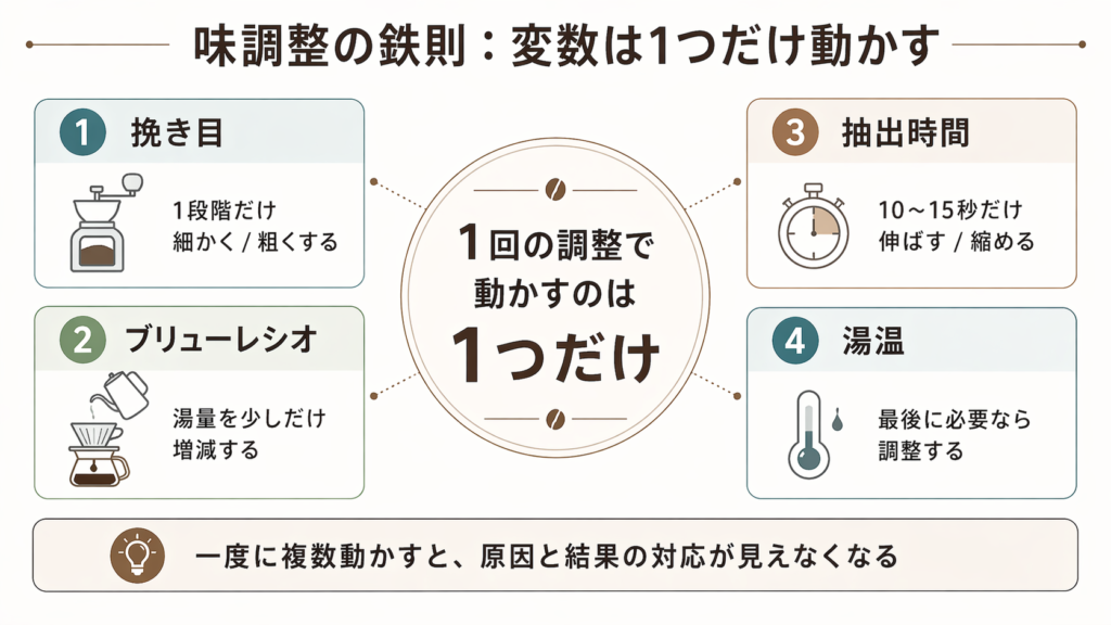 挽き目、比率、時間、湯温の4変数のうち、1回の調整では1つだけ動かすべきことを示した図