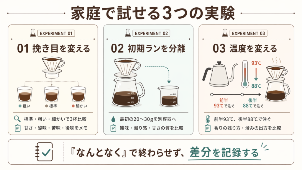 挽き目比較、初期ラン分離、温度変更の3つを家庭で検証する実験メニュー図