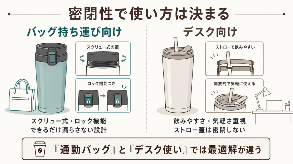バッグ持ち運び向けの高密閉タンブラーと、デスク向けの飲みやすい蓋構造の違いを示した図