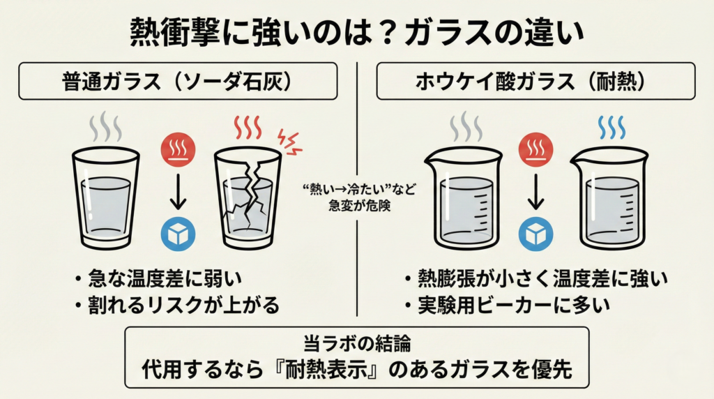 普通ガラス vs ホウケイ酸ガラス
普通ガラス（ソーダ石灰）
・急な温度差に弱い
・割れるリスクが上がる
ホウケイ酸ガラス（耐熱）
・熱膨張が小さく温度差に強い・実験用ビーカーに多い」