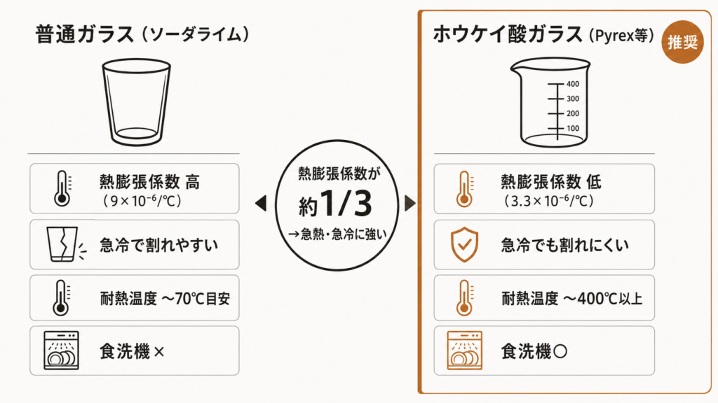 普通ガラスとホウケイ酸ガラスの熱膨張係数と耐熱性の違いを比較した図