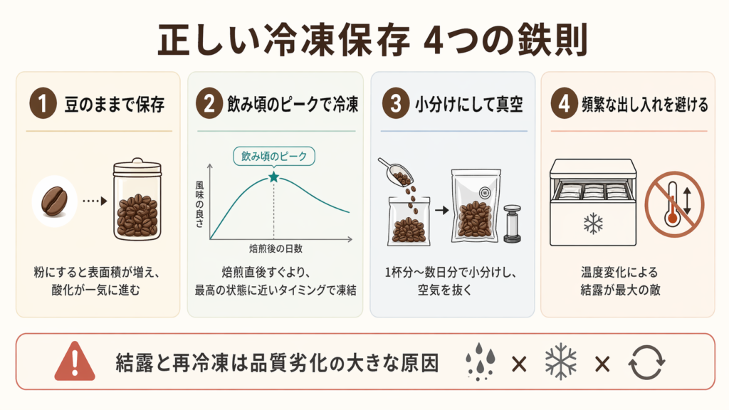 コーヒー豆を冷凍保存するときの4つの基本原則と、結露・再冷凍の注意点を示した図