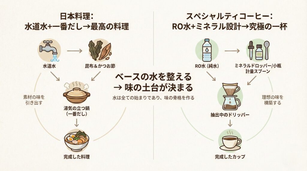 日本料理のアナロジーとスペシャルティコーヒーの探求の対比図解