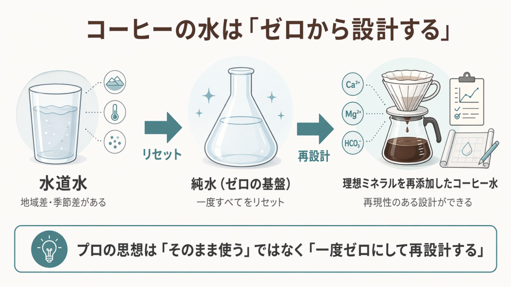水道水をそのまま使うのではなく、純水を基盤に理想のミネラルを再添加して設計する考え方を示した図