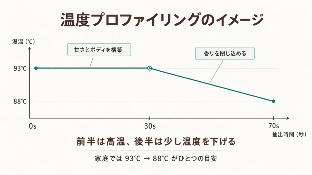 抽出前半は93℃、後半は88℃へ下げて味と香りを調整する温度プロファイリングの図
