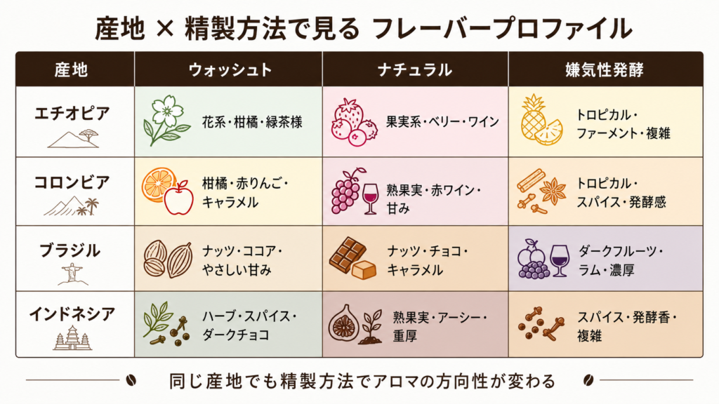 産地と精製方法の組み合わせによってコーヒーのアロマプロファイルがどう変わるかを整理したマトリクス図