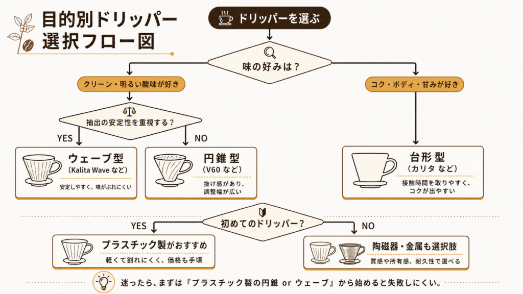 味の好みや抽出スタイルからドリッパーの形状を選ぶデシジョンツリー図