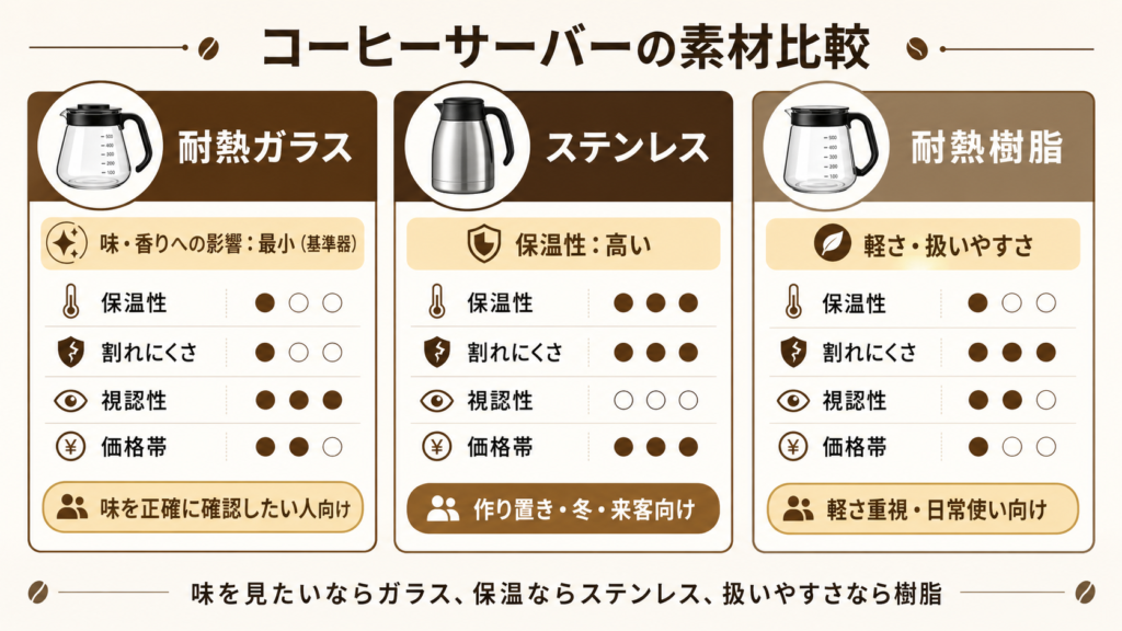 コーヒーサーバーの素材（耐熱ガラス・ステンレス・耐熱樹脂）を保温性・視認性・価格などで比較した図