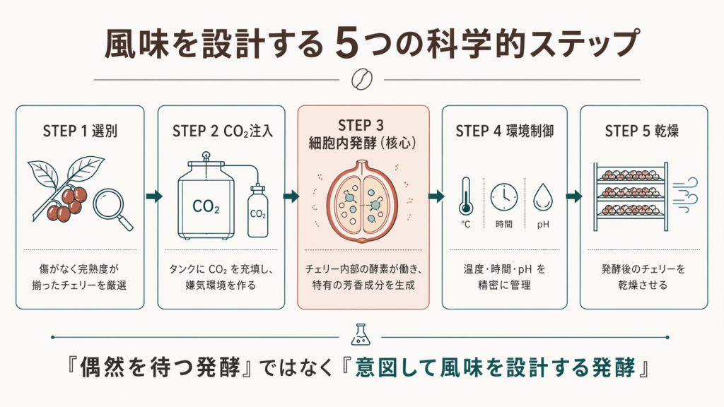 選別、CO₂注入、細胞内発酵、環境制御、乾燥からなるカーボニックマセレーションの5ステップ図
