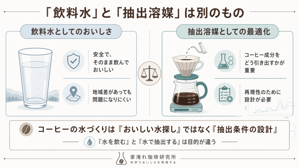 飲料水としてのおいしさと、コーヒー抽出溶媒としての最適化は別物であることを示した図