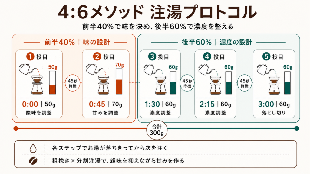 4:6メソッドで300gのお湯を50g、70g、60g、60g、60gの5投に分け、前半40%で味を決め後半60%で濃度を整える注湯タイムライン図